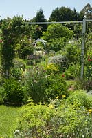 English cottage style garden with rose arbour, perennials and shrubs.