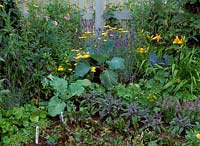 Potager garden planted with spinach, sage, thyme, alchemilla, lavandula, achillea, hemerocallis and brassicas. Design: Karen Maskeu - 100 years of Peter Rabbit. hcfs 2002