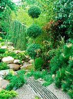Slate and gravel path leads through the japanese garden. Chelsea flower show 2002: The wonderful world of koi. Design: Roy Day and Steve Hickling