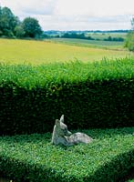 Stone fawn set in Buxus sempervirens hedge