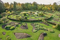 Aerial view of the famous Systematic Beds at Cambridge Botanic Gardens. The plants grouped, according to their families, in attractive irregularly shaped beds in contrast to the more usual rectilinear style used by most botanic gardens.