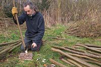 Stephen Westover using a Billhook to add a pointed end to the Hazel stakes
