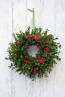 Christmas wreath with buxus, pyracantha berries and cornus stems
