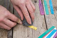 Using a metal scouring pad to remove writing from plant labels
