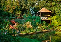 Tropical style garden with pond and raised summerhouse on stilts 