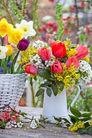 Spring displays with tulips, mahonia, pear blossom, daffodils and muscari.