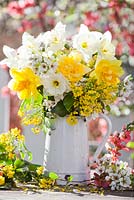 Jug with daffodils, mahonia and pear blossom.