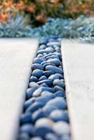Decorative tonal pebbles used as a morta substitute in the spaces between modern white concrete paving slabs. Debora Carl's garden, Encinitas, California, USA. August.