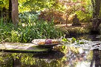 Pond with water lilies, buddha statue and clay bowl on the water's edge surrounded by waterside planting - July, Les Jardins de la Poterie Hillen