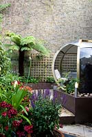 Low brown painted wall retaining raised beds, plants in containers including salvia and agapanthus, tree fern Dicksonia antarctica, high neighbouring boundary wall and seating inside a large round pod