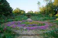 A thyme and chamomile carpet at the centre of the Round Garden at Sticky Wicket, Dorset in summer