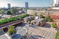Table and chairs and seating area on a London roof terrace garden in Spring, April