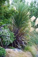 Phormium 'Black Adder' with Cortaderia, Carex dipsacea, Chionochloa rubra at Bhudevi Estate garden, Marlborough, New Zealand.