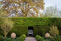 Mitton Manor Garden in spring, Staffordshire. Simple white bench amongst hedging in The formal box topiary garden