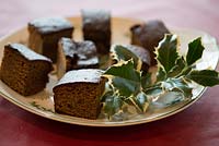 Ginger cake on a plate decorated with Ilex - Holly at a Christmas wreath making workshop. December, St. Francis Cottage