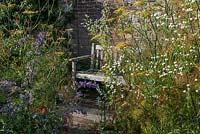 Secluded wooden bench in small garden 