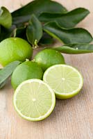 Three whole Citrus latifolia - Tahitian Limes and one cut in half with foliage on a timber table top.