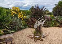 The back of the main garden with its double shelter belt of shrubs and native hedgerow behind. The driftwood make a focal point. Also including iron brick moulds scavenged from an old brickworks 