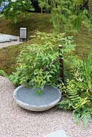 Bamboo water feature with stone bowl - Japanese Summer Garden, RHS Hampton Court Palace Flower Show 2016