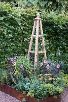 Obelisk underplanted with pink Dahlia , Achillea 'Walter Funke, Euphorbia mellifera and Alchemilla mollis - CCLA. A Summer Retreat, Design: Amanda Waring and Laura Arison, RHS Hampton Court Palace Flower Show 2016.