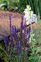Digitalis purpurea f. albiflora with Salvia x sylvestris and Briza media - Streetscape's Summer in Sussex, Design: Gary Price, RHS Hampton Court Palace Flower Show 2016