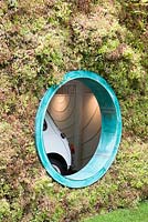 Green wall planted with succulents, porthole looking into garage, Senri-Sentei-Garage Garden, RHS Chelsea Flower Show 2016, Designer: Kazyuki Ishihara, Sponsor: Senri-Sentei Project