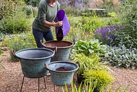 Half fill each of the vintage copper planters with compost