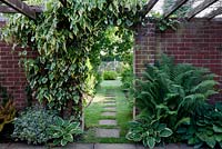 Brick archway from patio area to main garden, with stepping stone pathway. Hostas, ferns, and variegated euonymous and ivy - Hedera colchica 'Dentata Variegata'