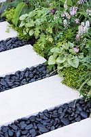 The LG Smart Garden, view of a path made from limestone paving slabs and separated with black oval stones surrounded by Tiarella 'Spring symphony'. RHS Chelsea Flower Show 2016. Designer: Hay Young Hwang, Sponsors: LG Electronics

