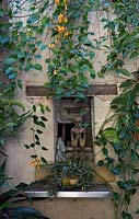 Exotic timber statue with a metal plaque with cut out words in French in a wall alcove surrounded by a Hoya vine and Pyrostegia venusta, Flame vine. 