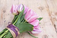 Bouquet of Tulipa triumph 'Synaeda Amor' and Tulipa 'Flaming Flag' on a table