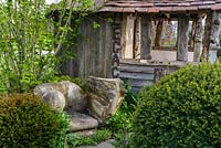 Naturalistic planting with clipped Taxus baccata surrounding a secluded ramshackle shelter. Macmillan Legacy Garden, RHS Malvern Spring Festival 2016. Designed by: Mark Eveleigh. Gold and Best in Show