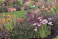 Borders with hot coloured perennials and shrubs. Chocolate Orange Garden, RHS Tatton Flower Show 2011, Cheshire