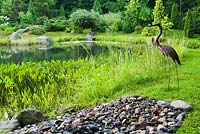 River stones and metal Heron bird sculpture next to pond with Pontederia cordata - Pickerel Weed and bordered by conifer and deciduous trees that include Thuya, Metasequoia in residential backyard garden in summer