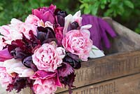 Bouquet of Tulipa 'Queen of Night', 'Black Parrot', 'Holland Chic', 'Merlot' and 'Aveyron' on a crate