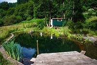 The natural swimming pond and shepherd's hut, Nant y Bedd, Abergavenny, South Wales