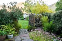 Terrace at back of house edged with London Pride, Saxifraga x urbium, ferns and containers opens to a grassed area through a gate in a stone wall.