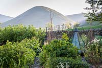 Vegetable garden with pyramidal Growmate, fruit bushes and ornamentals including lupins and aquilegias with the distinctive shape of The Tongue behind in the fading evening light.