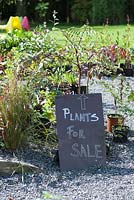 Plant sales area announced with a chalk written sign. Hunting Brook Garden, Co Wicklow, Ireland