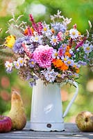 Flower arrangement: Asters, Calendula, Persicaria amplexicaurus, Helianthus, Phacelia and Dahlias in white enamel jug.