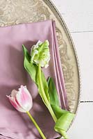 Tulips 'Bell Song' and 'Super Parrot' on a silver tray.