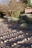 Stipa grasses and clipped ball topiary set amongst gravel and boulders with seating area beyond in desert garden