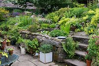 A cottage garden with raised pond, container garden growing fruit, herbs and vegetables and large sloped border with mixed perennials.