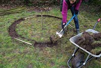 Use a spade to dig out a shallow border 8 inches wide. Mark out three separate entrances for the teepee using three equal length sticks
