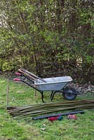 Materials required for constructing an arbour are Scarlet Willow branches, spade, string, twine, measuring tape and weed control membrane 