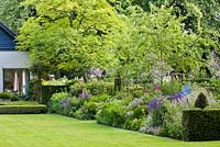 Summer border includes Salvia x sylvestris 'Dear Anja', Delphinium Belladonna-Hybride 'Piccolo', Rosa 'Rhapsody In Blue', Geranium riversleaianum 'Russel Prichard'. Sarina Meijer garden