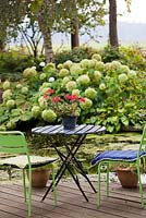 Relaxing area on a deck patio beside the pond  with Hydrangea 'Annabelle' in background. De Luie Tuinman