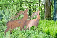 Two decorative metal deer in wood planting with ferns, Matteucia struthiopteris