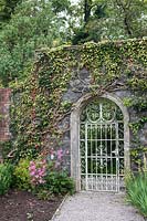 Ornate wrought iron gate set in an ivy covered stone wall in the gardens of Ilnacullin - Garinish Island. Glengarriff, West Cork, Ireland. The Gardens are the result of the creative partnership of Annan Bryce and Harold Peto, architect and garden designer. August
