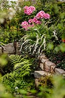 Stone wall and mixed planting including pink Rhododendron - The Water Spout garden - RHS Malvern Spring Show 2016. Designer: Christian Dowle. Sponsor: Garden Inspiration